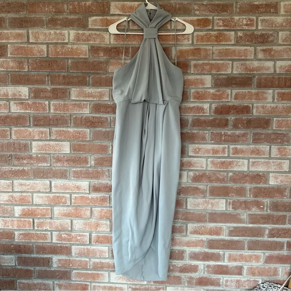 Shona Joy Halter Midi Cocktail Dress Knot Front Draped Womens 8 Blue Gray Formal